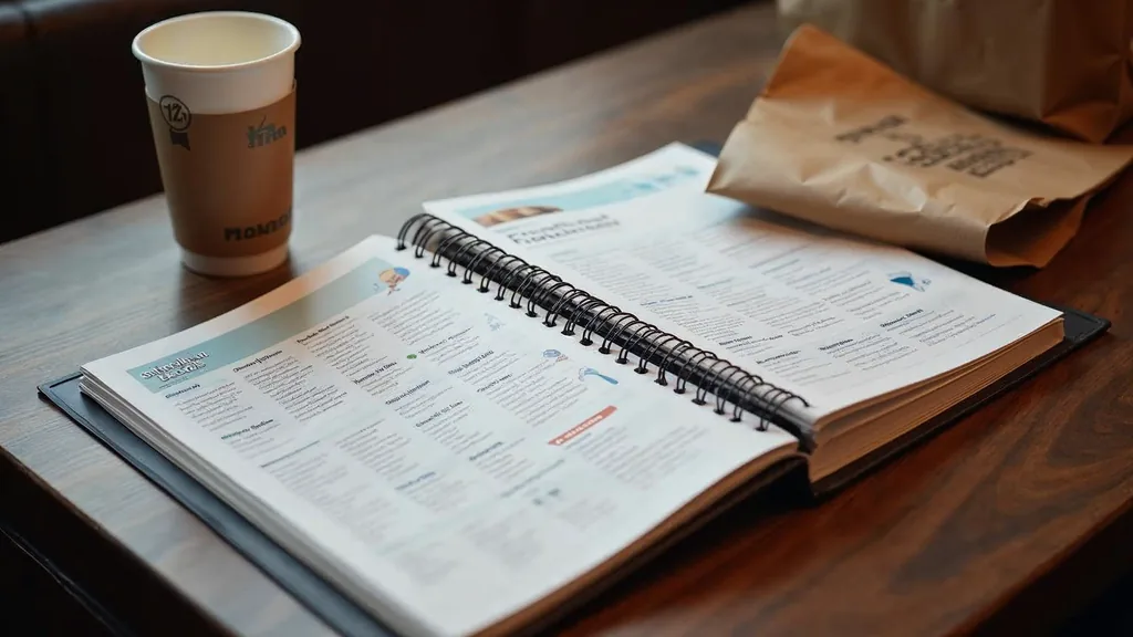 A printed franchise brochure and a spiral-bound brand standards binder open on a dark walnut table beside a takeaway paper cup and a folded paper bag in warm directional light, shallow depth of field, no people, no text, no signage