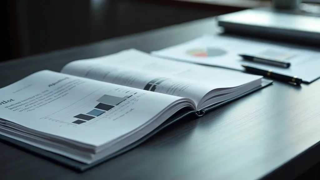 A printed pitchbook open to a clean bar chart page beside a folded fact sheet and a fountain pen on a dark grey desk in cool directional window light, shallow depth of field, no people, no text, no signage