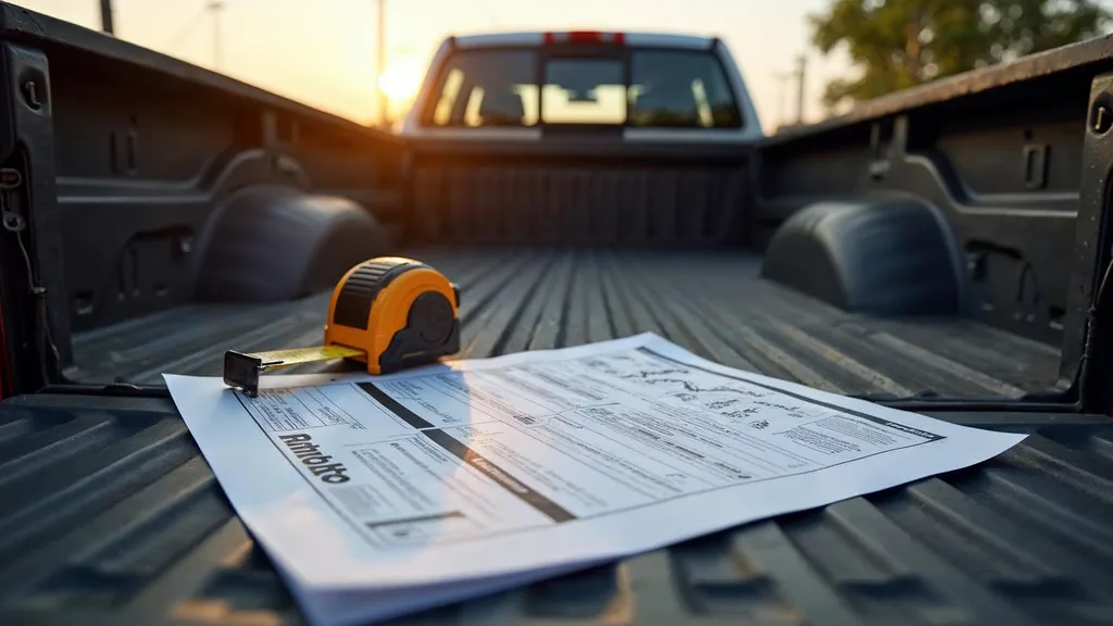 A printed roofing estimate folder and sell sheet resting on the open tailgate of a work truck beside a folded tape measure in late afternoon sunlight, shallow depth of field, no people, no text, no signage