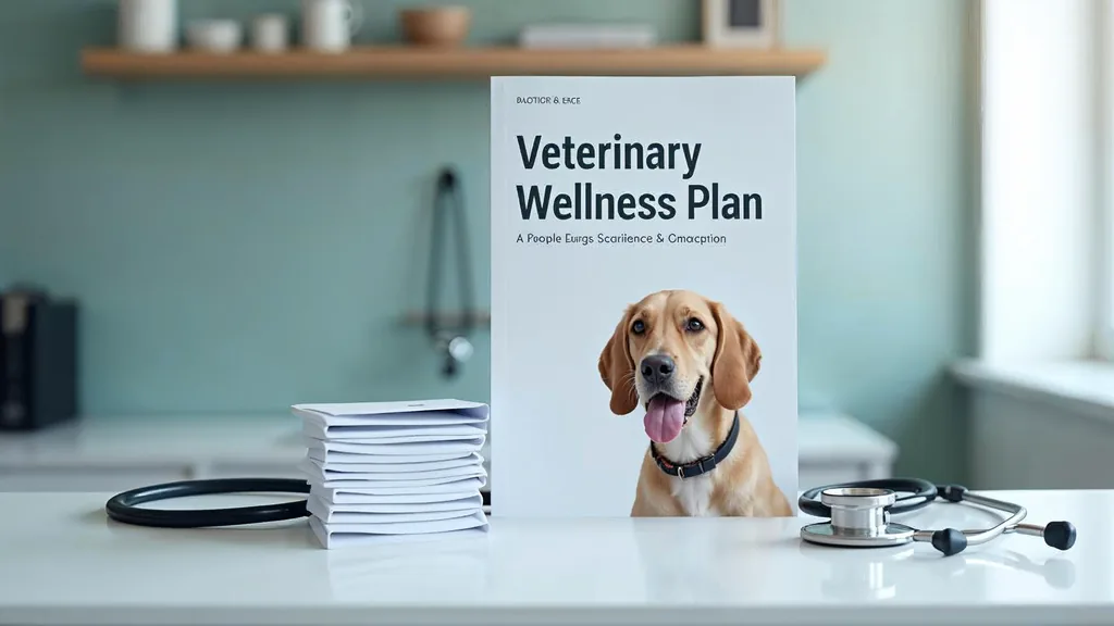 A printed veterinary wellness plan brochure and a stack of reminder cards on a clean clinic reception counter beside a stethoscope in soft natural window light, shallow depth of field, no people, no animals, no text, no signage