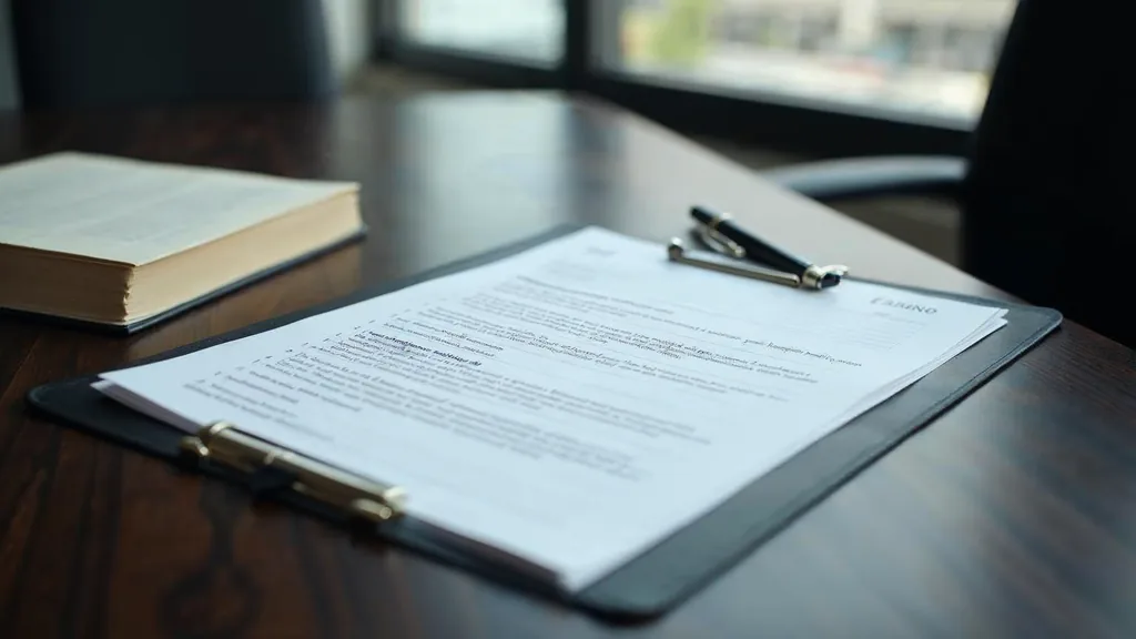 A printed legal consultation folder and intake documents on a dark wooden conference table beside a pen and a closed law book in low contrast window light, shallow depth of field, no people, no text, no signage