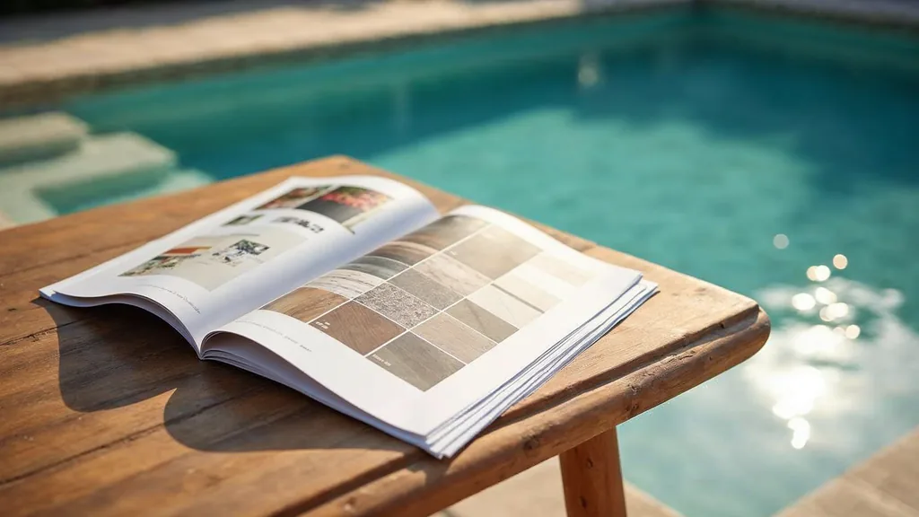 A printed backyard design proposal folder and tile finish selection samples laid on a teak table beside a swimming pool edge in warm late afternoon sunlight with water reflections, shallow depth of field, no people, no text, no signage