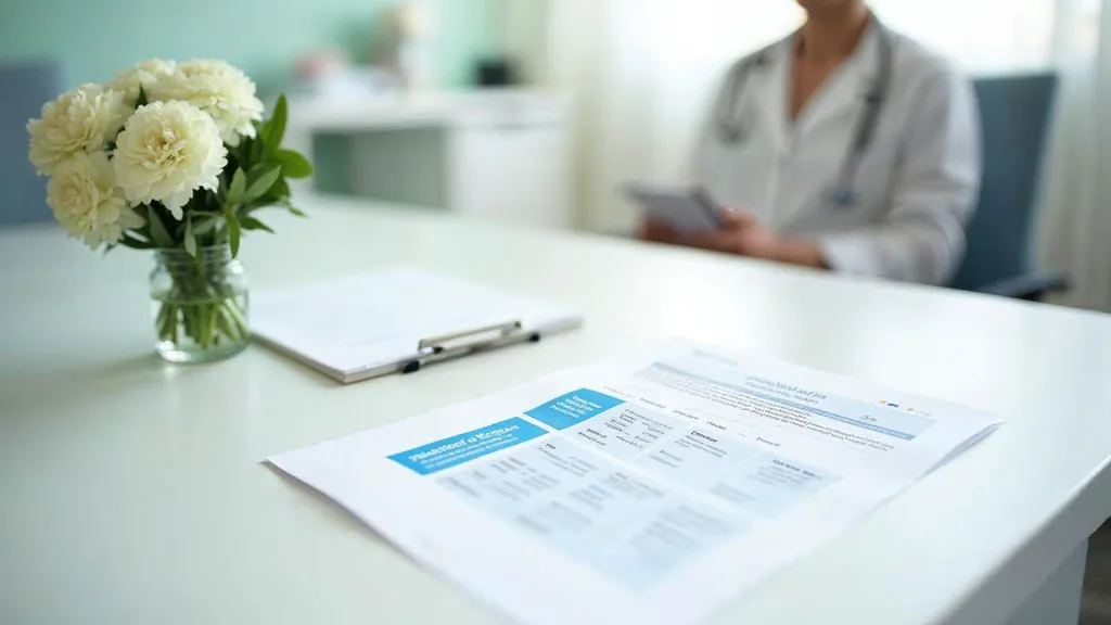 A printed patient treatment guide and funding information sheet on a pale calm clinic consultation desk beside a small vase of white flowers in bright soft daylight, shallow depth of field, no people, no text, no signage
