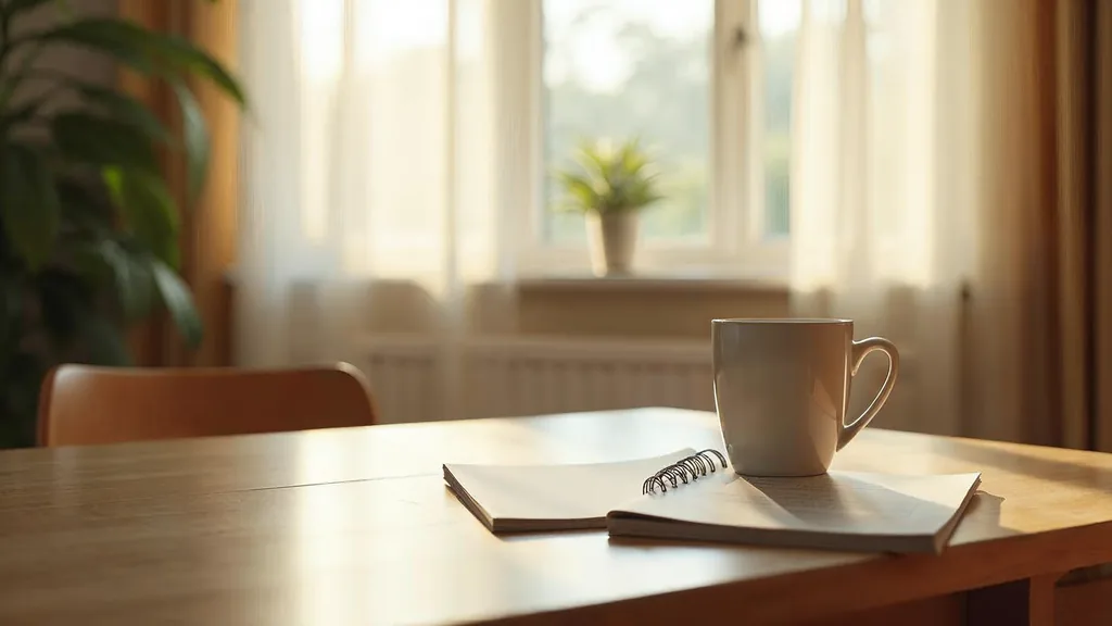 A printed admissions brochure and family information booklet on a calm wooden table beside a mug in a quiet sunlit room with warm morning light through sheer curtains, shallow depth of field, no people, no text, no signage