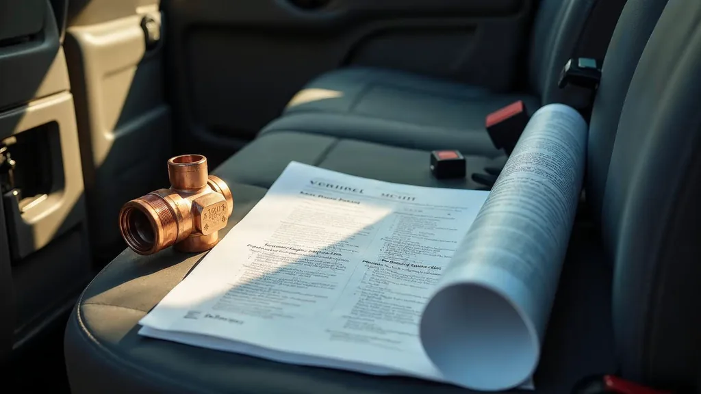 A printed maintenance plan folder and a rolled vehicle wrap proof lying on the seat of a service van beside a clean copper fitting in warm morning light, shallow depth of field, no people, no text, no signage