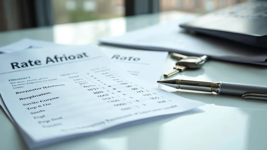 A printed rate sheet and a pre-approval folder fanned on a clean desk beside a set of house keys and a pen in soft window light, shallow depth of field, no people, no text, no signage