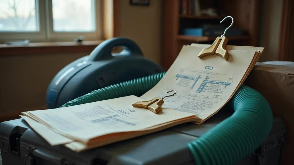 A printed capability folder and a door hanger resting on a clean equipment case beside a coiled air mover hose in a dried out residential room under cool daylight, shallow depth of field, no people, no text, no signage