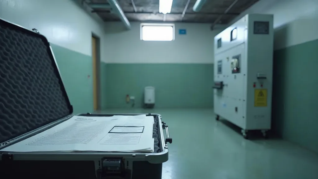 A printed inspection report folder and a leave-behind card resting on a clean equipment case beside an air scrubber unit in a dry empty basement room under cool daylight, shallow depth of field, no people, no text, no signage