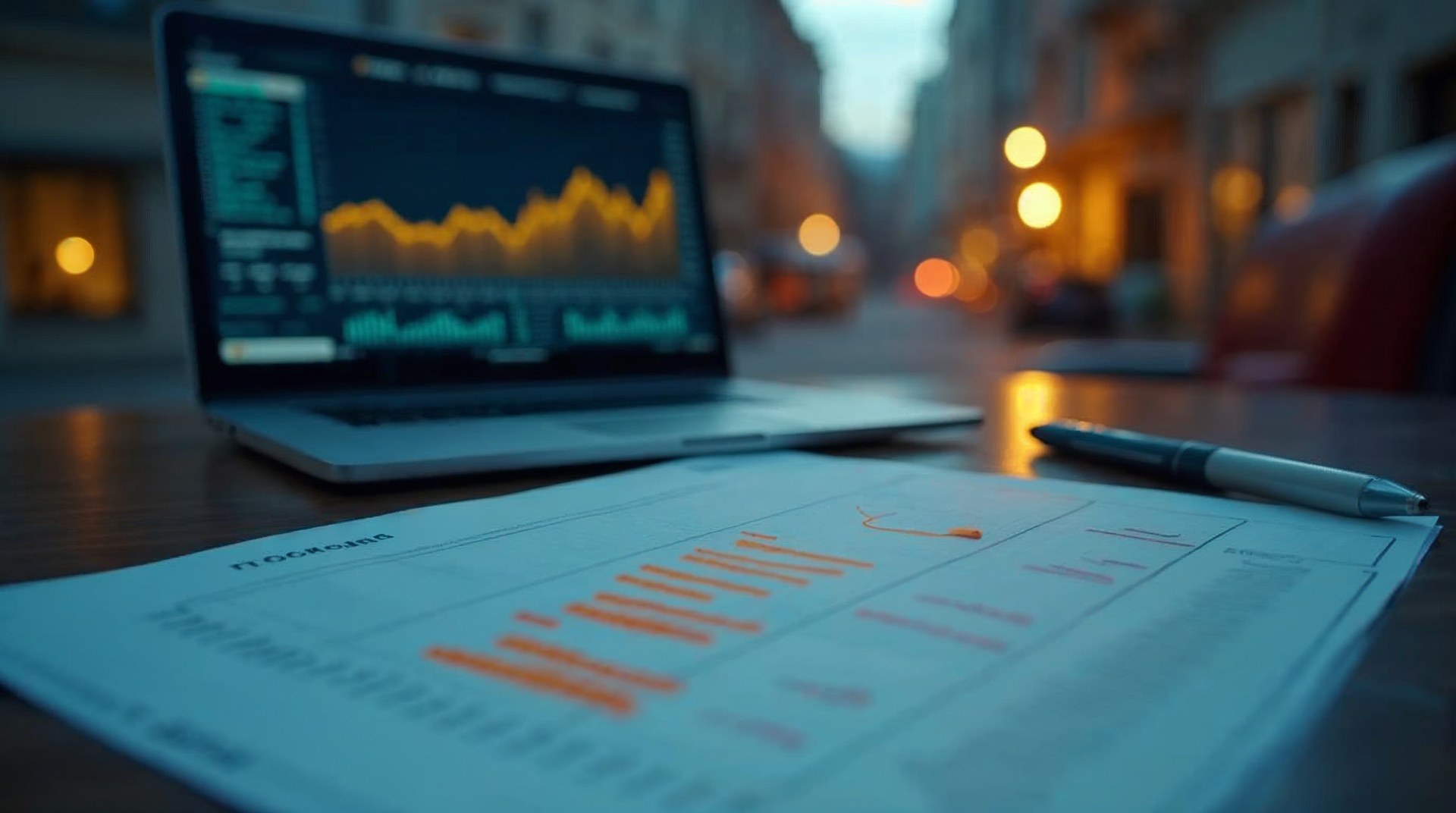 Analyst desk at dusk with a line chart on screen and an annotated tracking plan