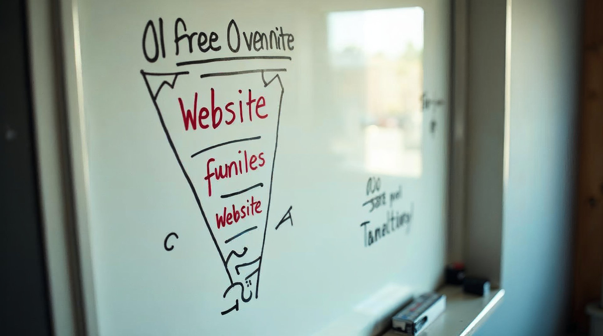 Whiteboard showing a hand-drawn funnel of website events with a marker on the ledge
