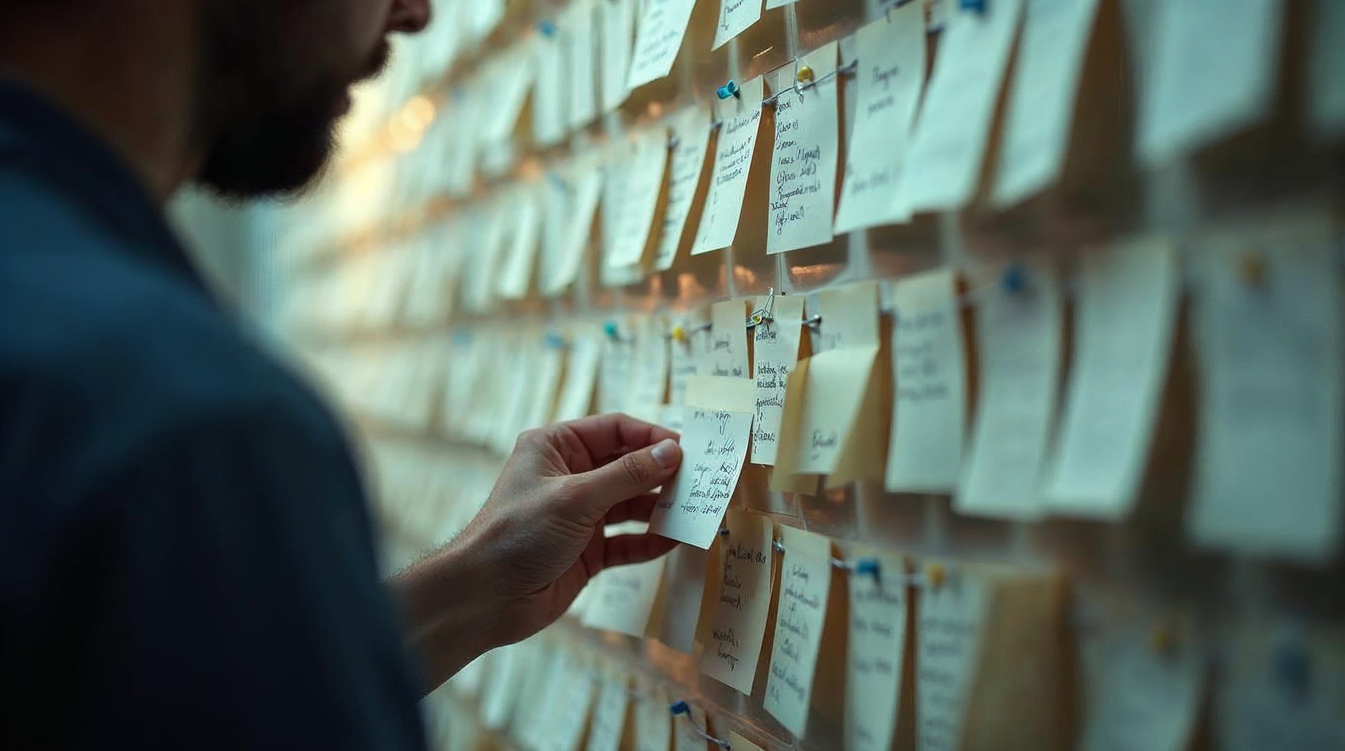 Index cards connected with string on a wall showing a data flow being adjusted