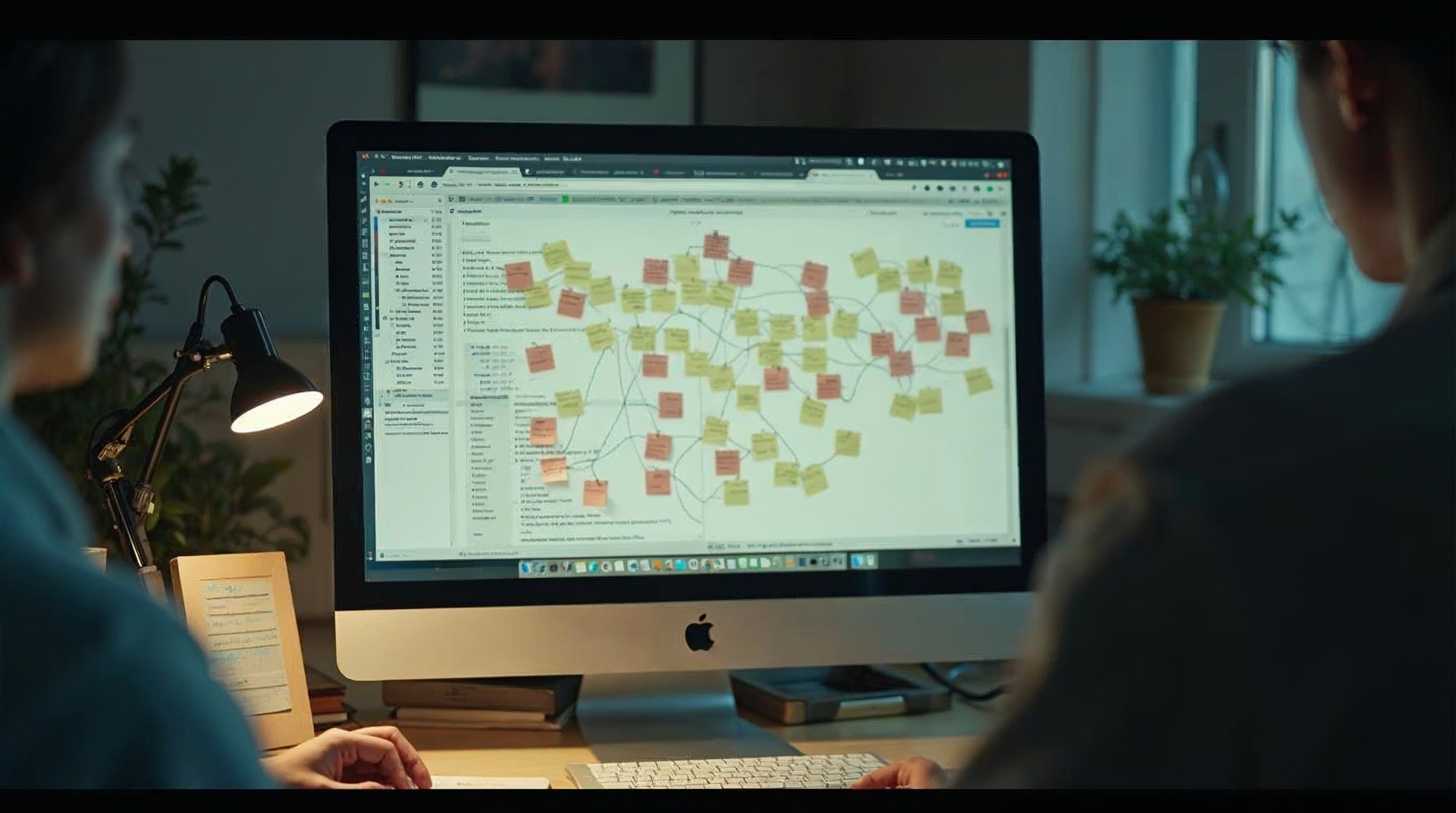 Developer workspace with a browser inspector open and sticky notes forming a tag map