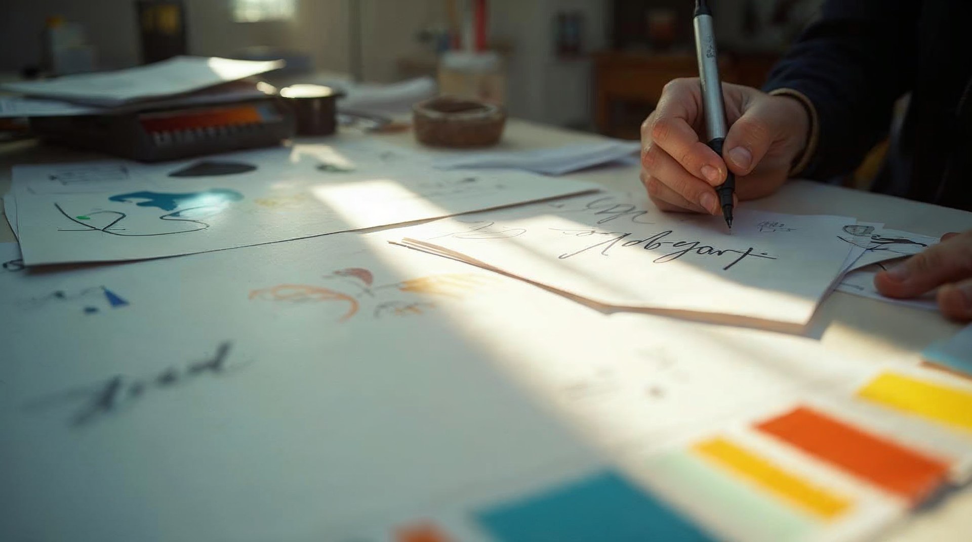 Designer's desk with printed brand boards, colour swatches and a marker mid-sketch