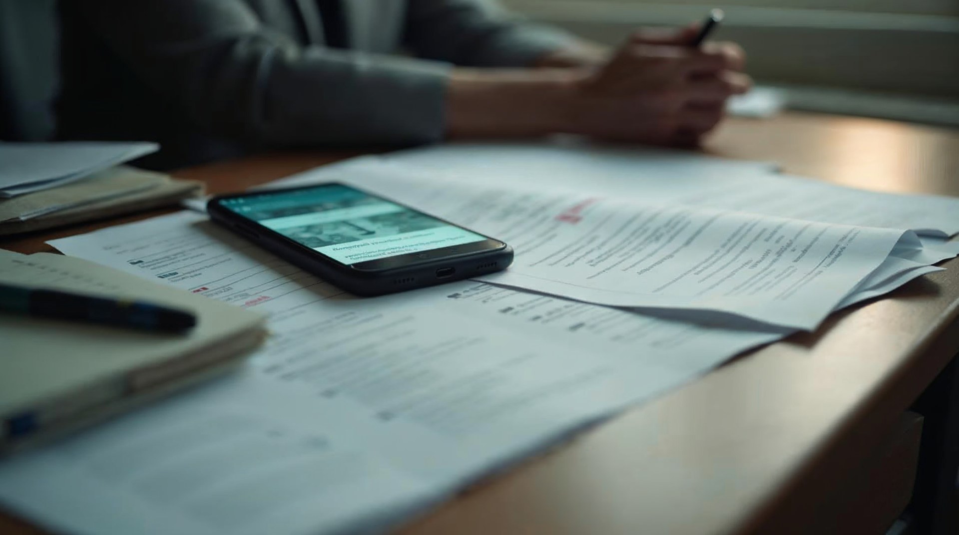 Hiring manager's desk with printed job descriptions and a phone showing a careers page