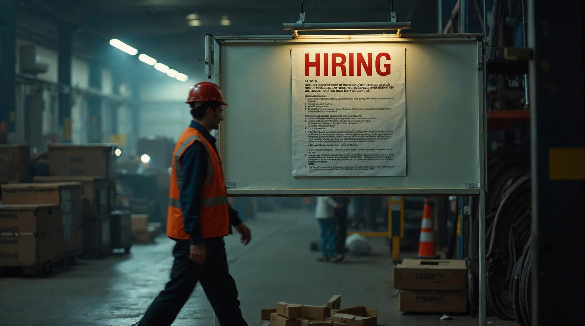 Warehouse noticeboard with a hiring poster as a worker walks past