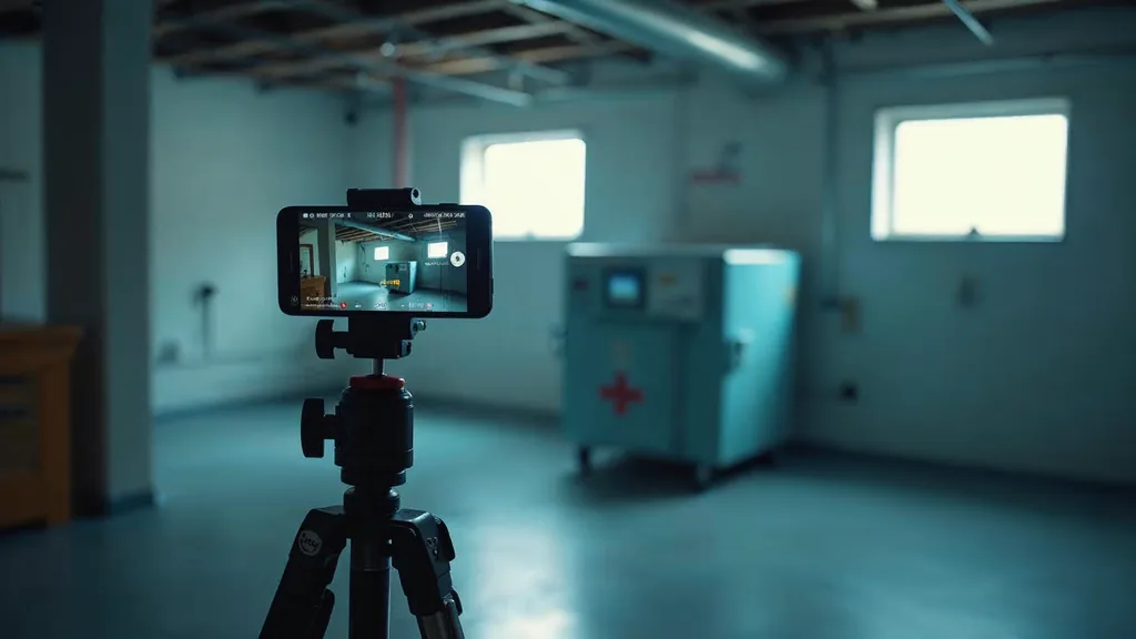 A smartphone on a tripod lit by a small softbox filming a clean air scrubber unit in an empty dry basement room in cool daylight, shallow depth of field, no people, no text, no signage