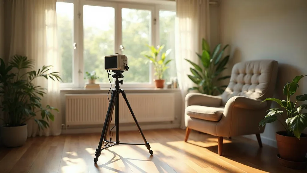 A small video light and a camera on a tripod facing an empty armchair beside a window in a calm sunlit therapy room with plants, shallow depth of field, no people, no text, no signage