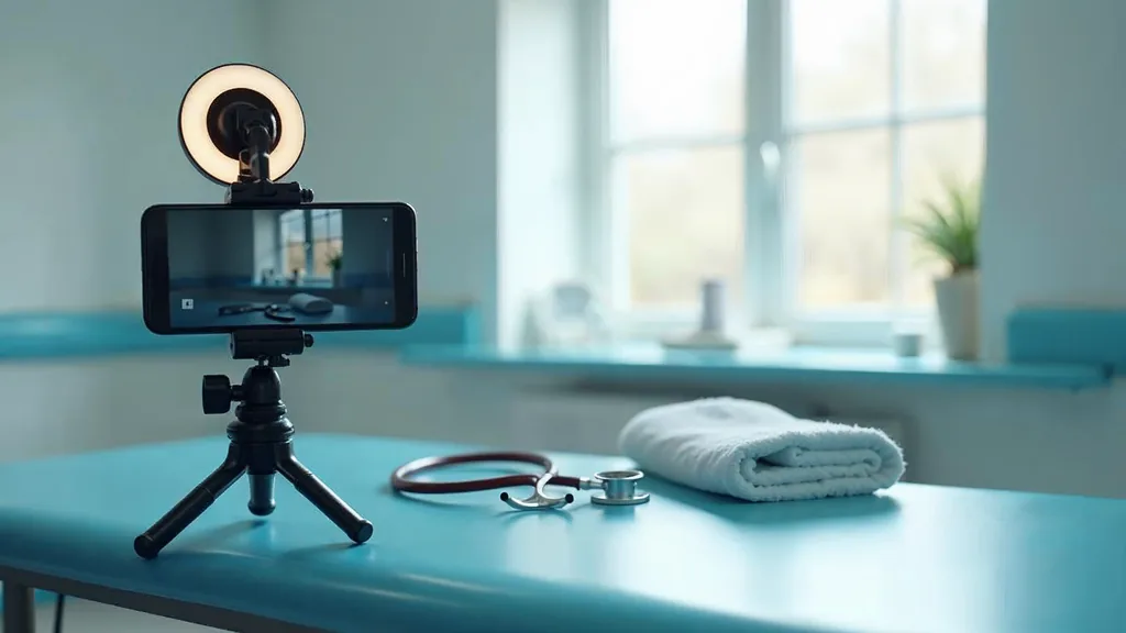 A smartphone on a small tripod with a ring light filming an empty clean veterinary examination table with a stethoscope and a folded towel in bright soft daylight, shallow depth of field, no people, no animals, no text, no signage