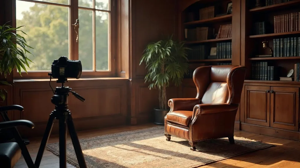 A camera on a tripod and a small softbox set up facing an empty leather armchair in a quiet wood-panelled private office with a window and bookshelves in warm late afternoon light, shallow depth of field, no people, no text, no signage