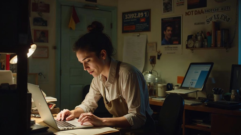 A small-business owner in an apron leaning over a laptop on a cluttered back-office desk late in the day, photographed in Sacramento