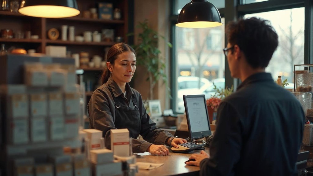 A shop manager standing behind the counter checking a phone while a customer waits at the till, photographed in Sacramento
