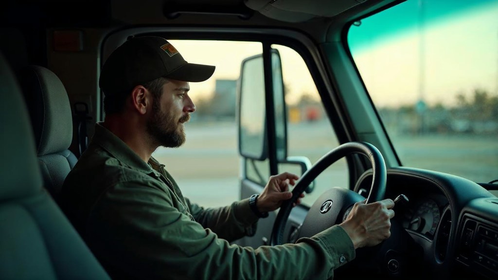 A contractor sitting in the cab of a work van reviewing a phone before driving off, photographed in Sacramento