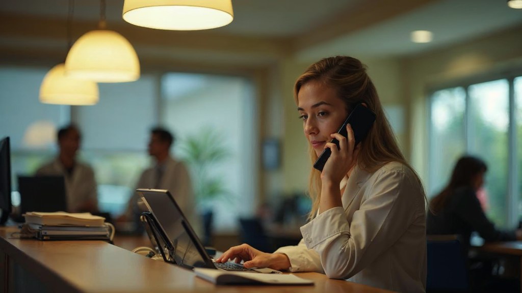 A clinic receptionist taking a phone call at a busy front desk with patients waiting, photographed in Sacramento