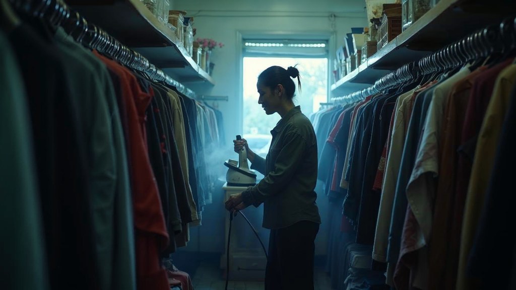 A boutique owner steaming garments in a narrow shop stockroom at opening time, photographed in Sacramento