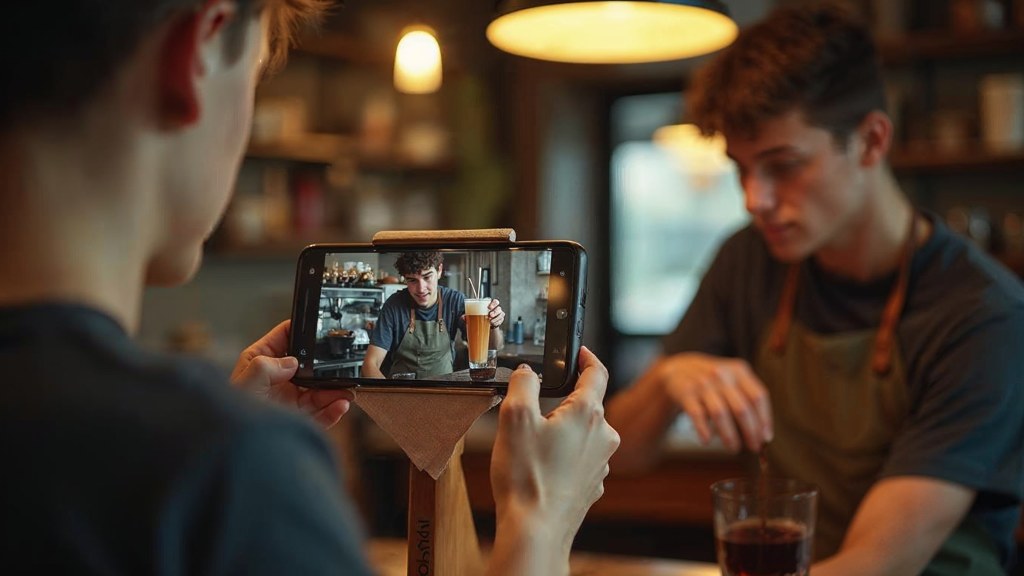 A young cafe worker filming a drink being poured on a phone propped against a napkin holder, photographed in Sacramento