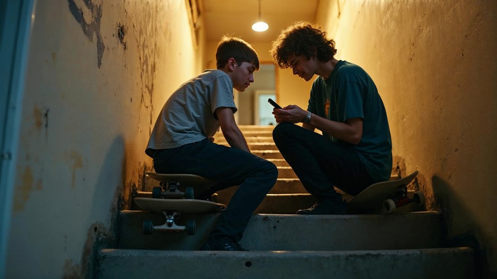 Two teenagers on skateboards looking at a phone on a set of concrete steps, photographed in Sacramento