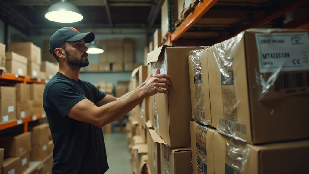 A seller checking barcodes on stacked cartons in a garage stockroom, photographed in Sacramento