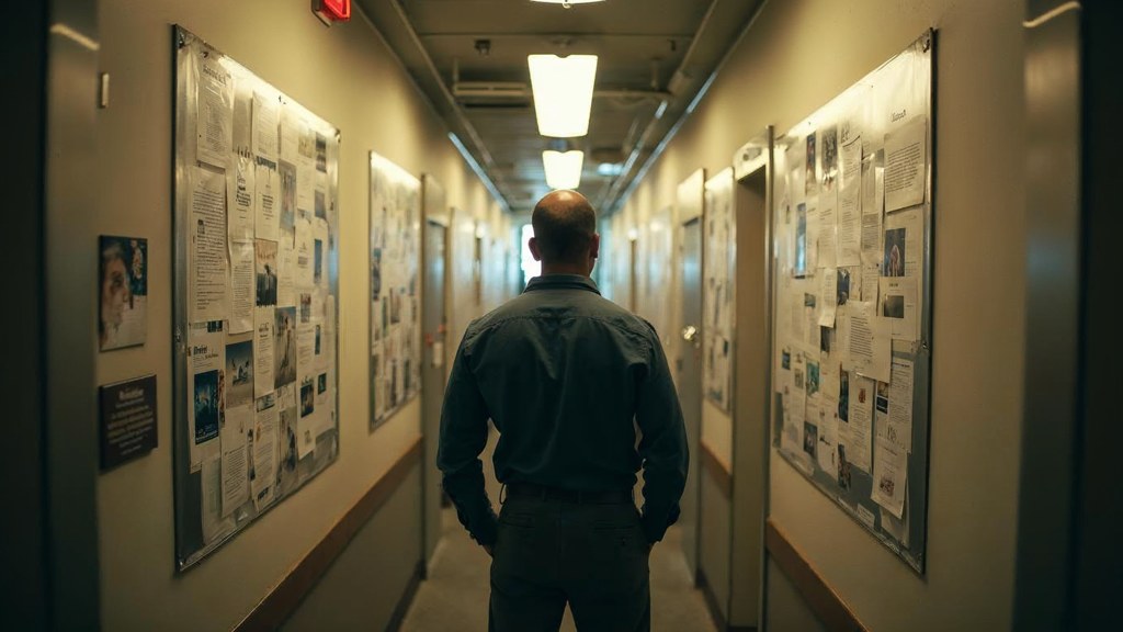 A media planner standing at a wall of printed layouts in a narrow agency corridor, photographed in Sacramento