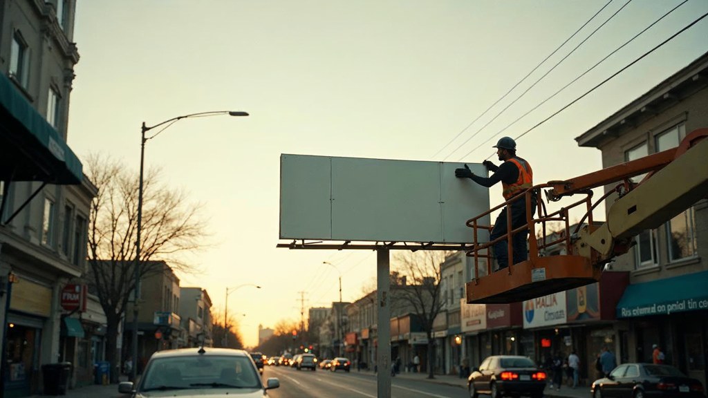 A crew member on a lift installing a blank billboard panel above a busy street, photographed in Sacramento