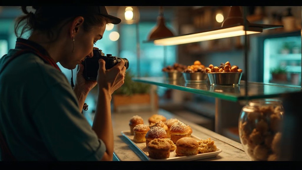 A bakery owner photographing a tray of pastries on a marble counter at dawn, photographed in Sacramento