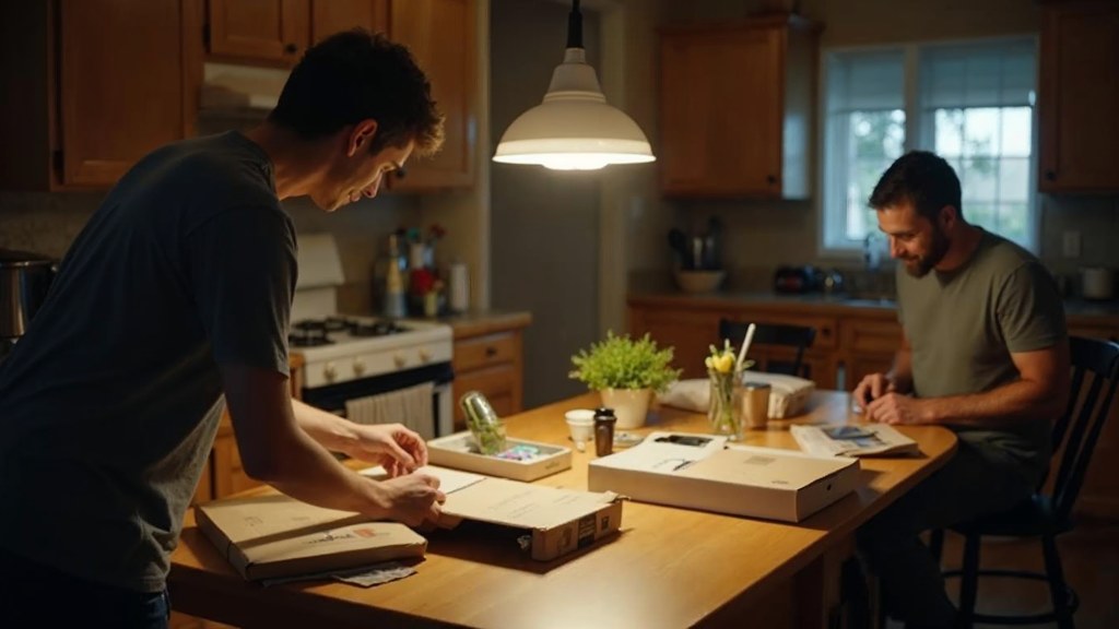 A customer filming an unboxing on a kitchen table strewn with packaging, photographed in Sacramento