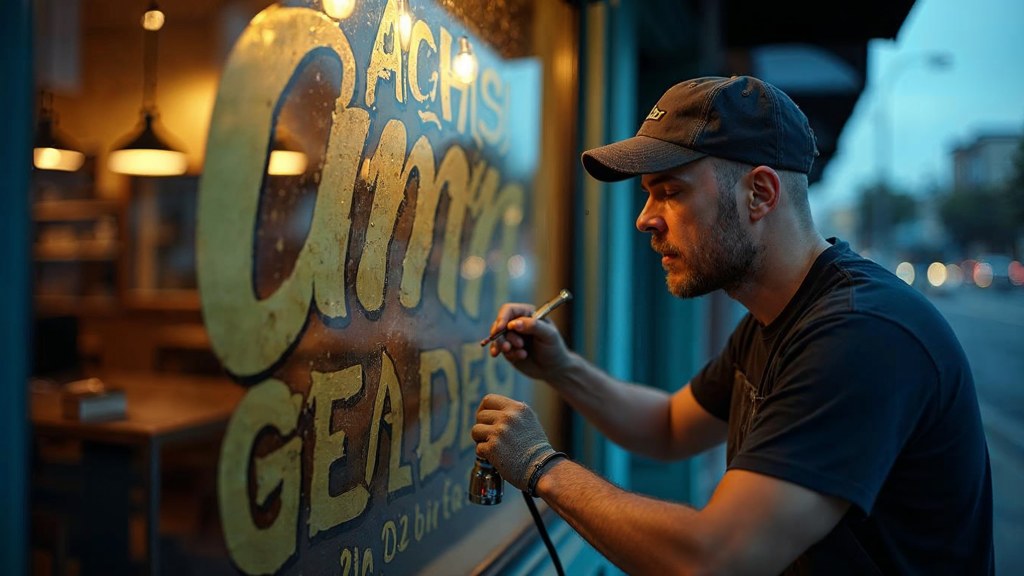 A sign painter finishing gold lettering on a shopfront window from the street side, photographed in Sacramento