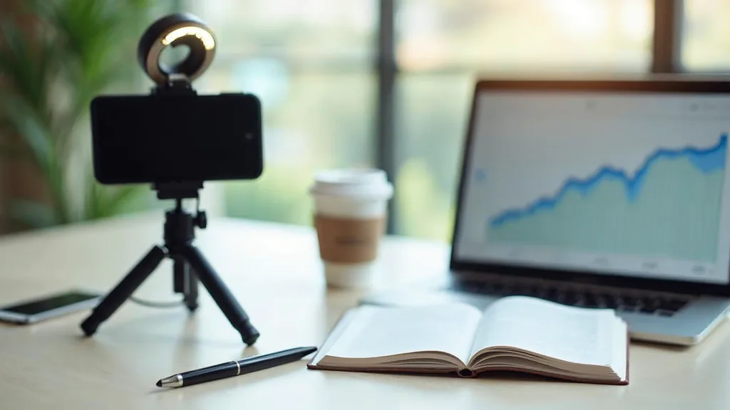 Editorial photograph of a smartphone on a small tripod with a ring light filming an open notebook and a coffee cup on a pale wooden desk beside a laptop showing a blurred line chart