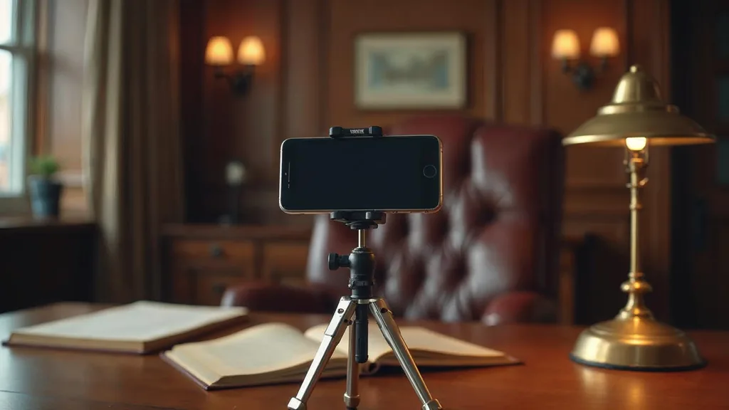 Editorial photograph of a smartphone on a small tripod with a ring light set up in front of an empty leather office chair and a wooden desk holding a closed law book and a brass lamp