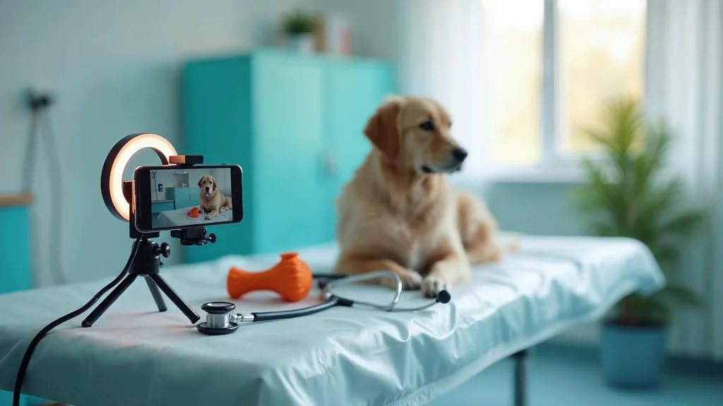 Editorial photograph of a smartphone on a small tripod with a ring light filming an empty clean veterinary examination table holding a stethoscope, a folded towel and a dog toy