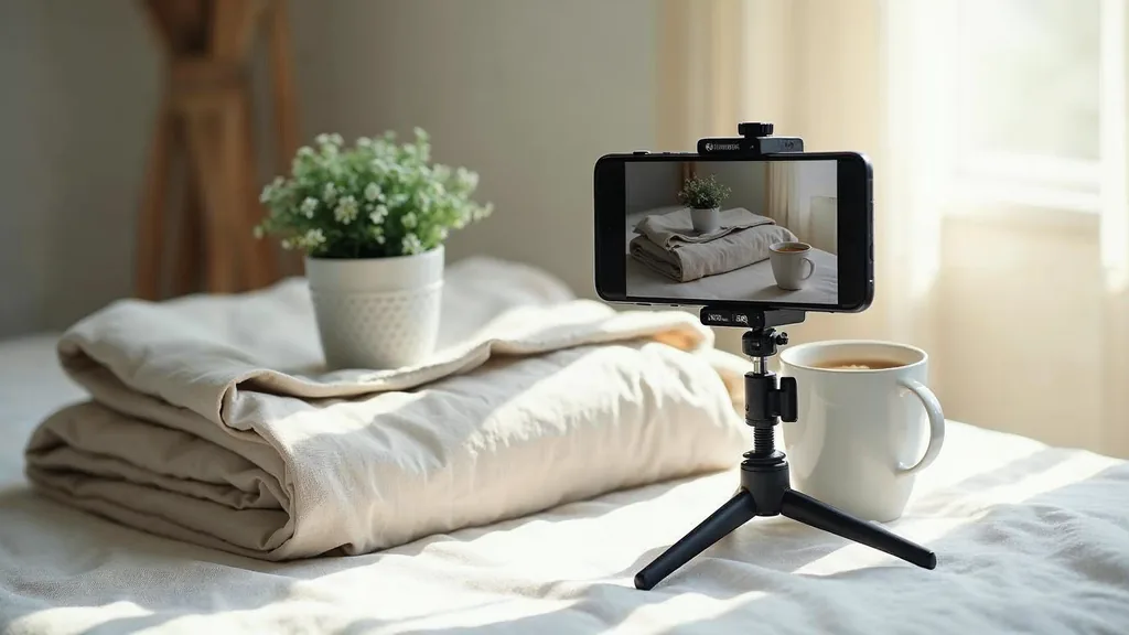 Editorial photograph of a smartphone on a small tripod with a ring light filming a folded soft blanket, a small potted plant and a plain white ceramic mug on a pale linen surface