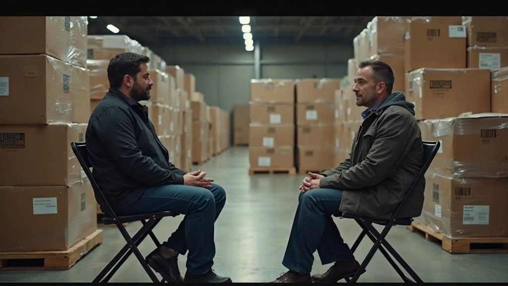 A warehouse supervisor interviewing a candidate on folding chairs beside stacked pallets, photographed in Sacramento