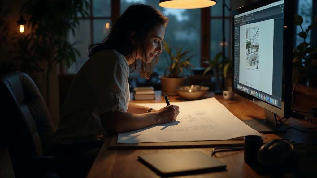 A studio designer sketching a page layout on paper beside a monitor in a dim room, photographed in Sacramento