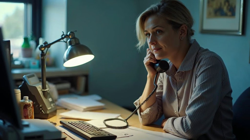 An office manager at a cluttered desk with a landline handset tucked under one ear, photographed in Sacramento