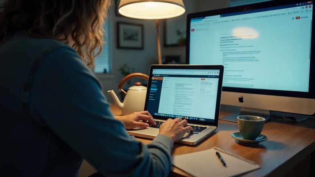 A service-business owner at a kitchen table typing a question into a laptop while a kettle steams behind, photographed in Sacramento