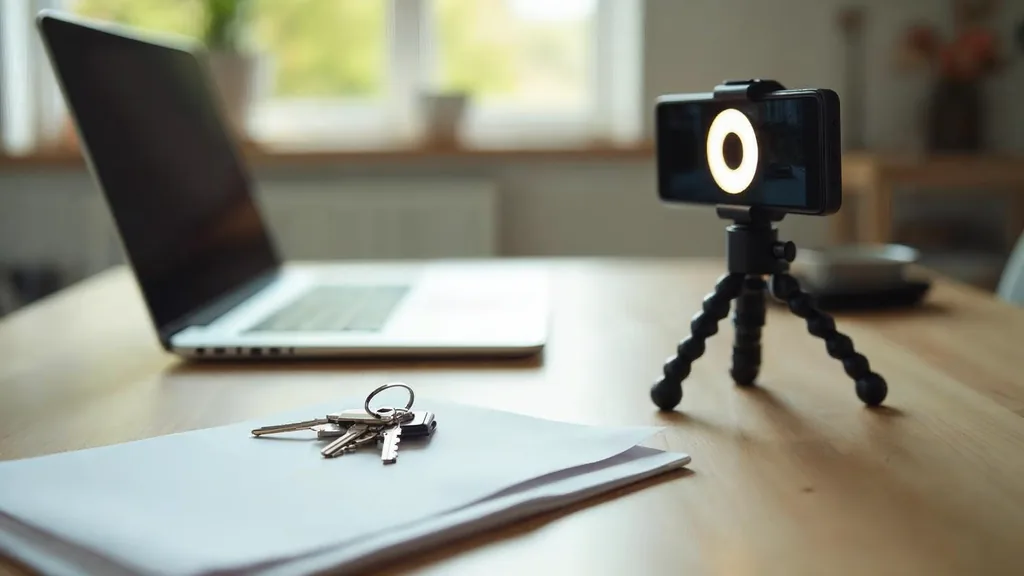 Editorial photograph of a smartphone clamped to a small tripod with a ring light filming a set of house keys and a folded document on a pale wooden table beside a laptop