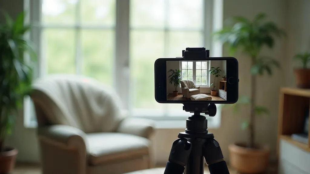 Editorial photograph of a smartphone on a small tripod with a soft light filming an empty armchair and a folded blanket beside a window in a calm bright room with plants