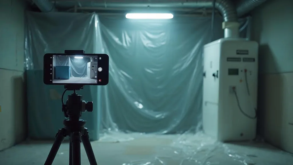 Editorial photograph of a smartphone on a small tripod filming plastic containment sheeting and an air scrubber unit in an empty stripped basement room under a work light