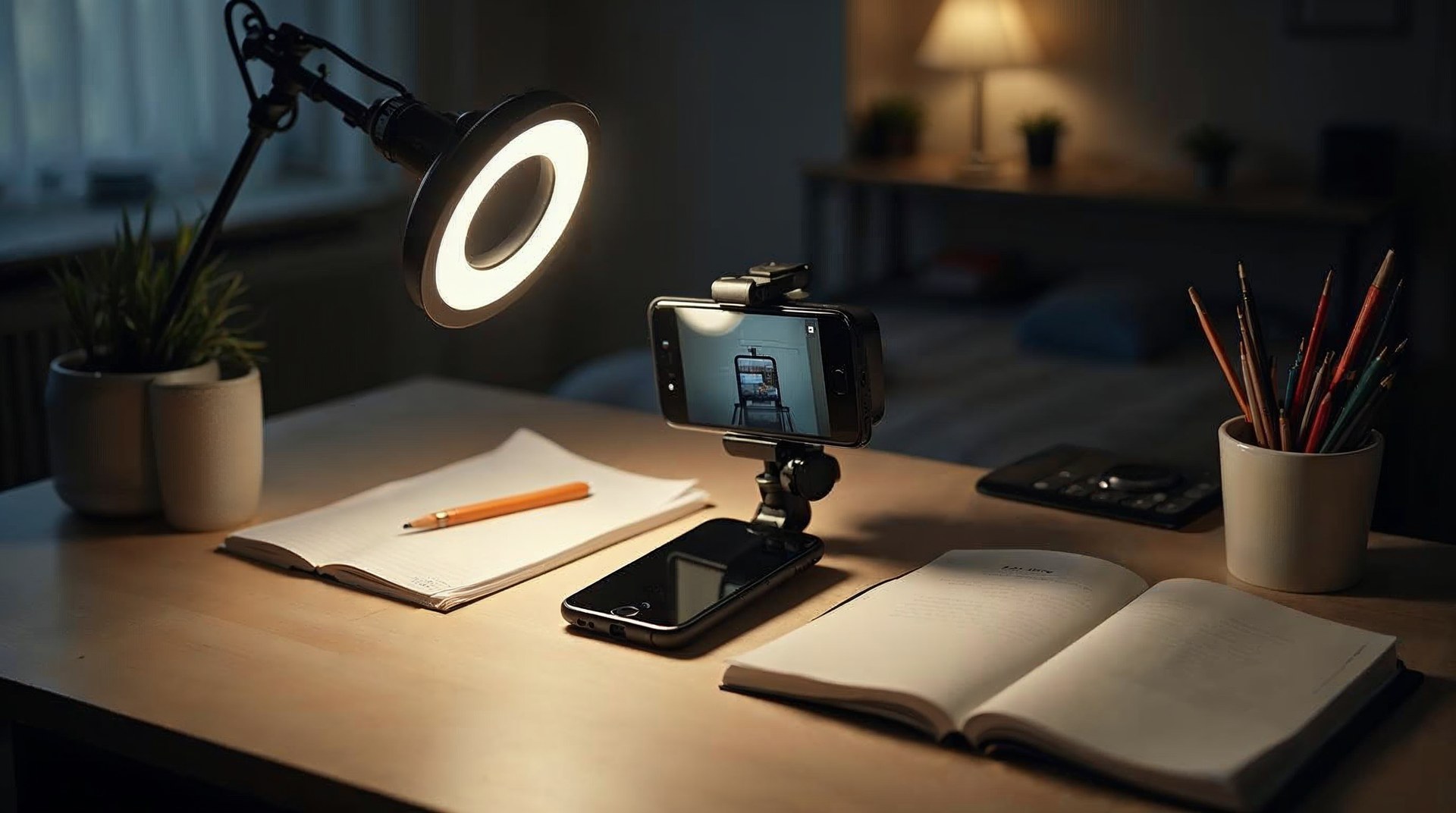 Ring light and phone rig set up beside notes on a small desk