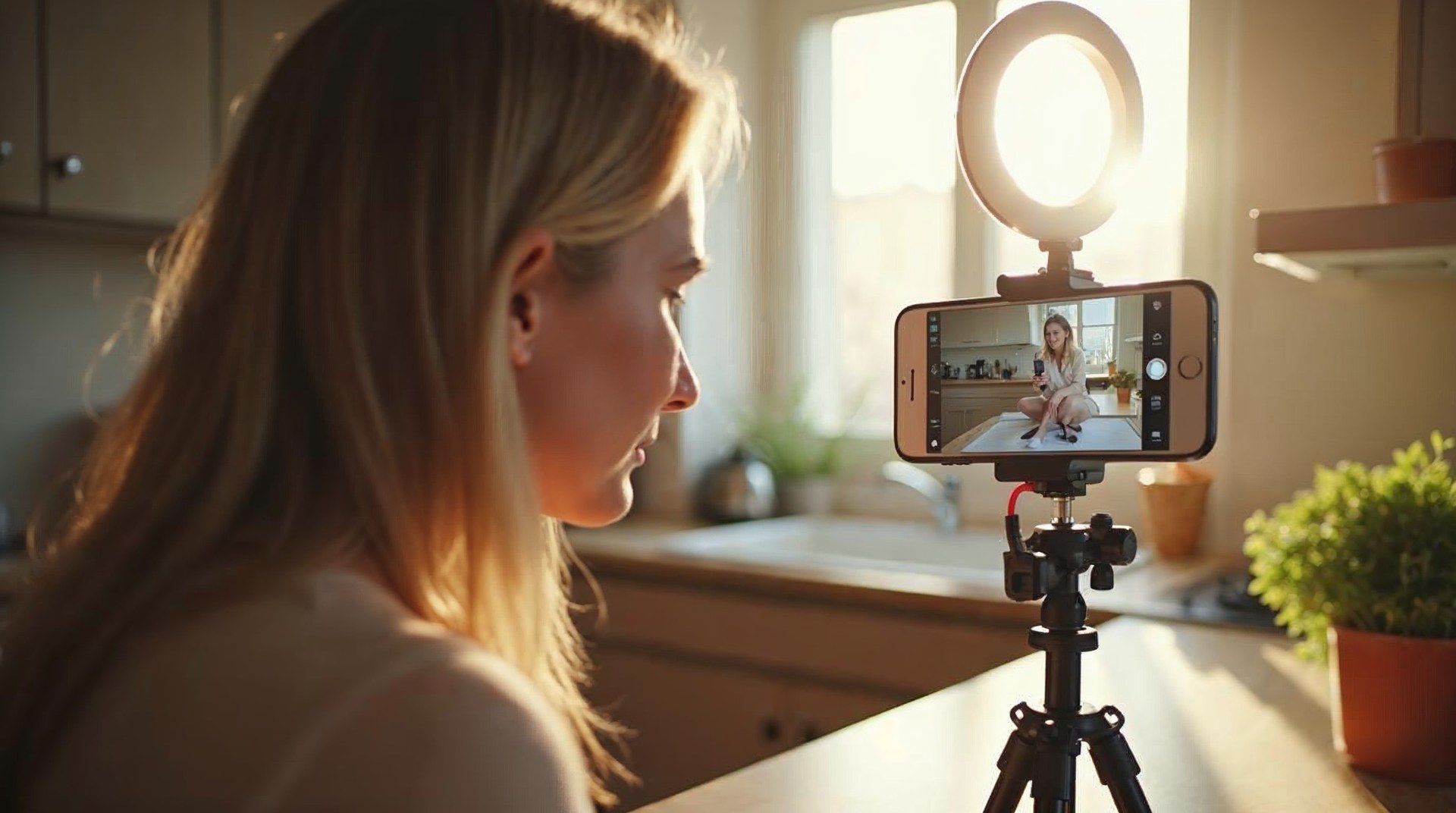 Creator filming a product review on a phone tripod in a sunlit kitchen