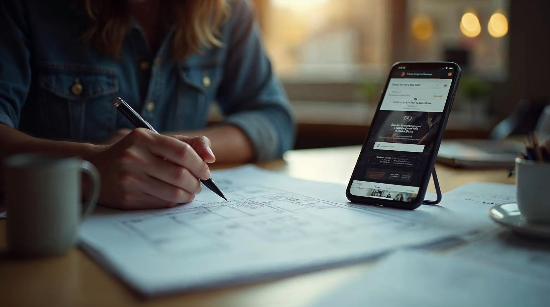 Designer sketching a page layout on paper beside a phone showing the live page